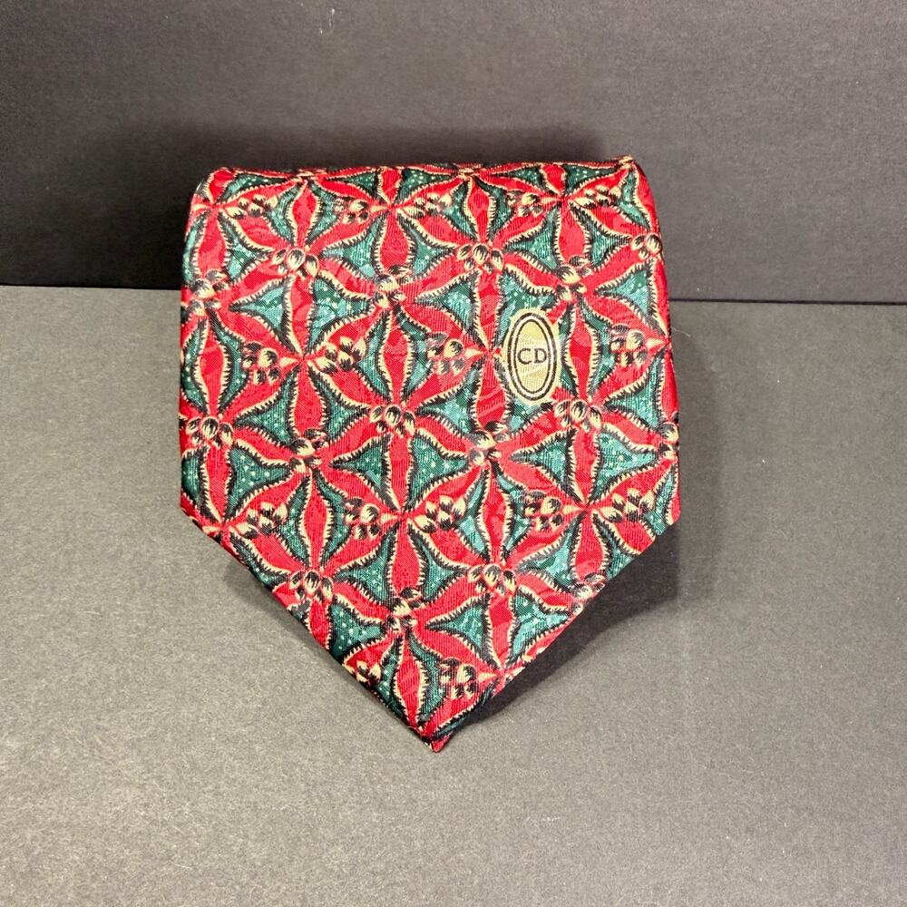 VTG Christian Dior Monsieur Holiday Geometric Poinsettia Necktie Red Green 4"